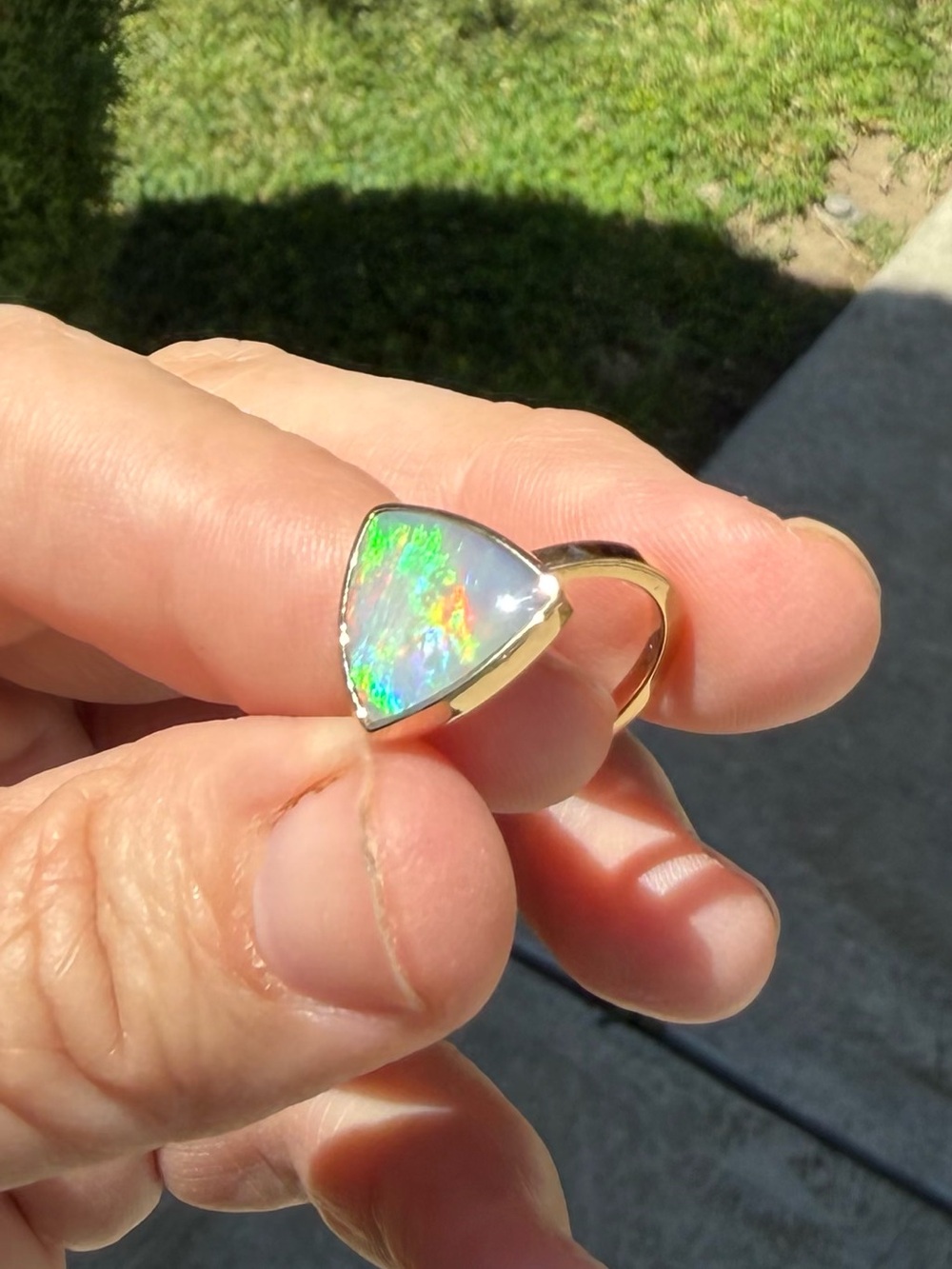14k Gold Australian Opal Triangle Ring — Multi-Color Opal Accent - Picture 3 of 17
